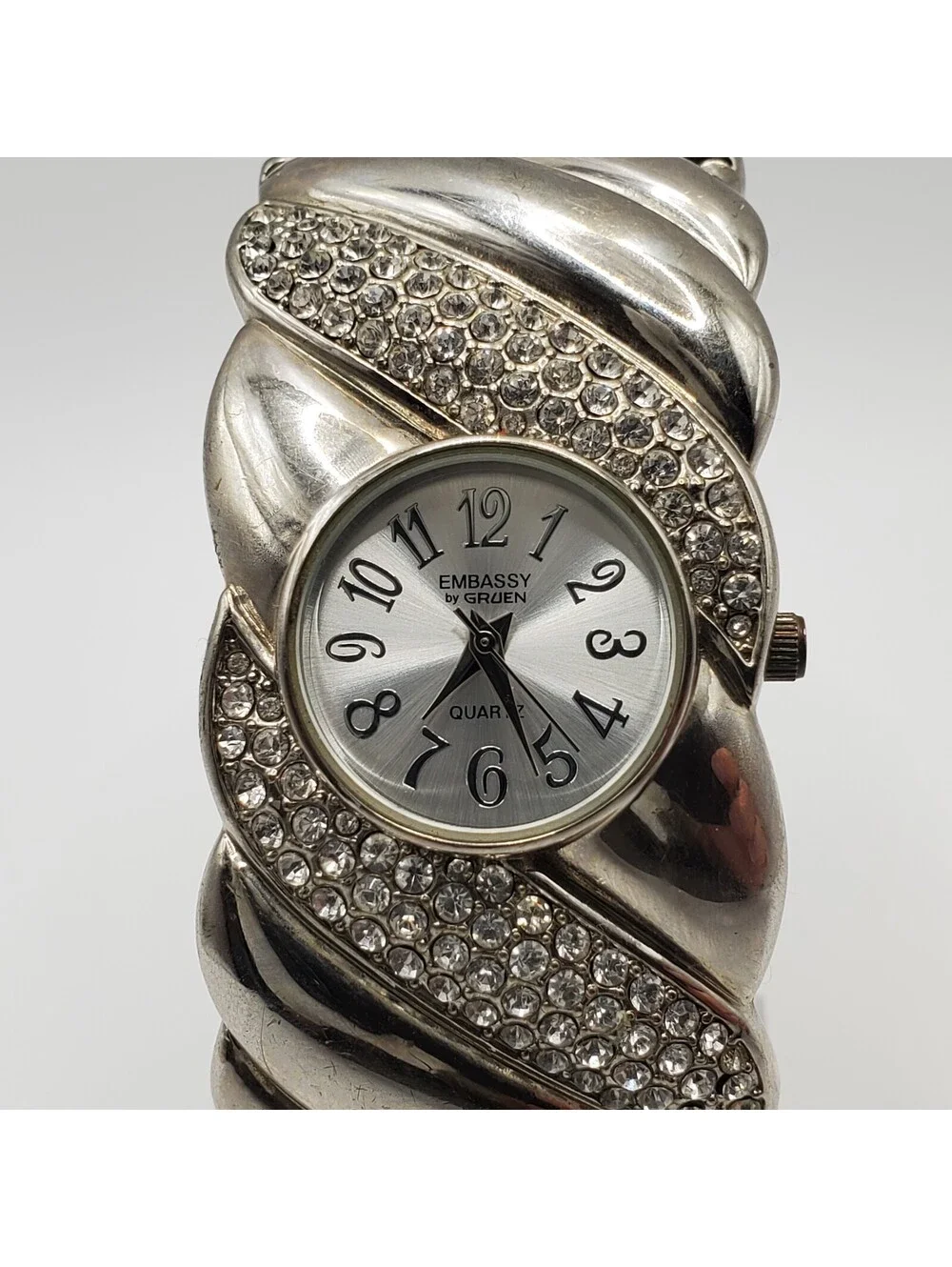 Embassy By Gruen Rhinestone Cuff Band Women Watch 29mm Silver Tone New Battery